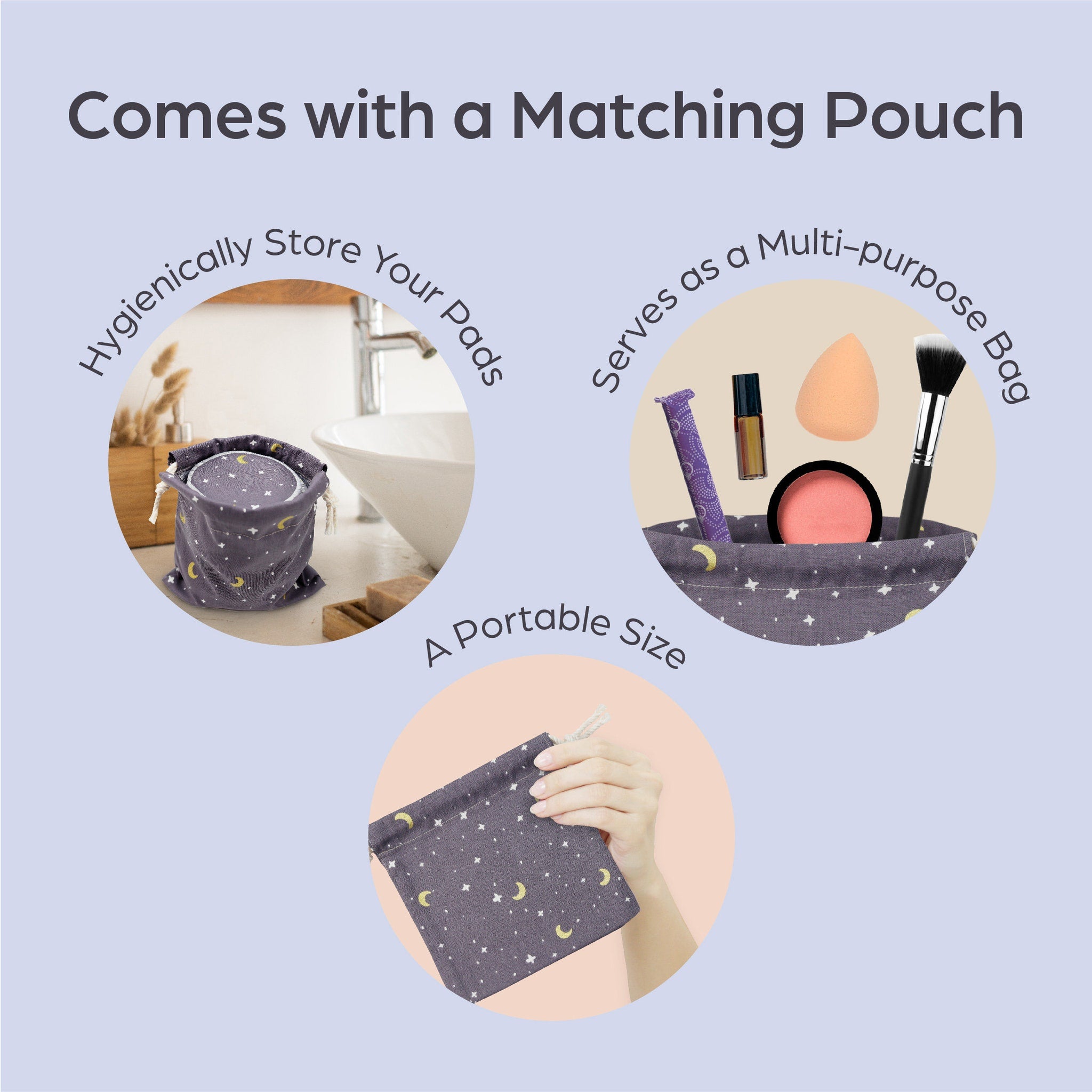 Drawstring pouch with gray fabric, white stars, and yellow moons, used as a multi-purpose bag