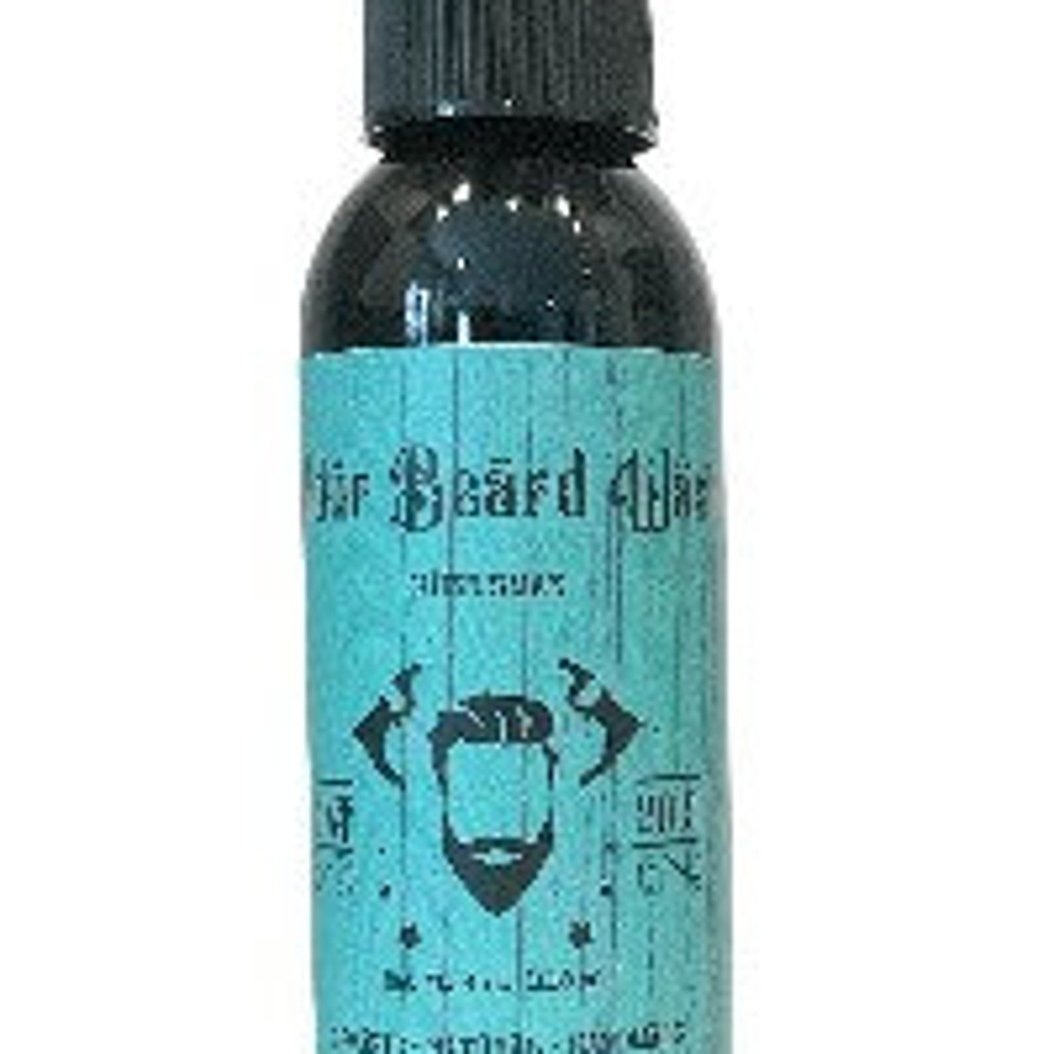 Beard oil bottle with black cap, teal label, and text "Sir Beard Alie