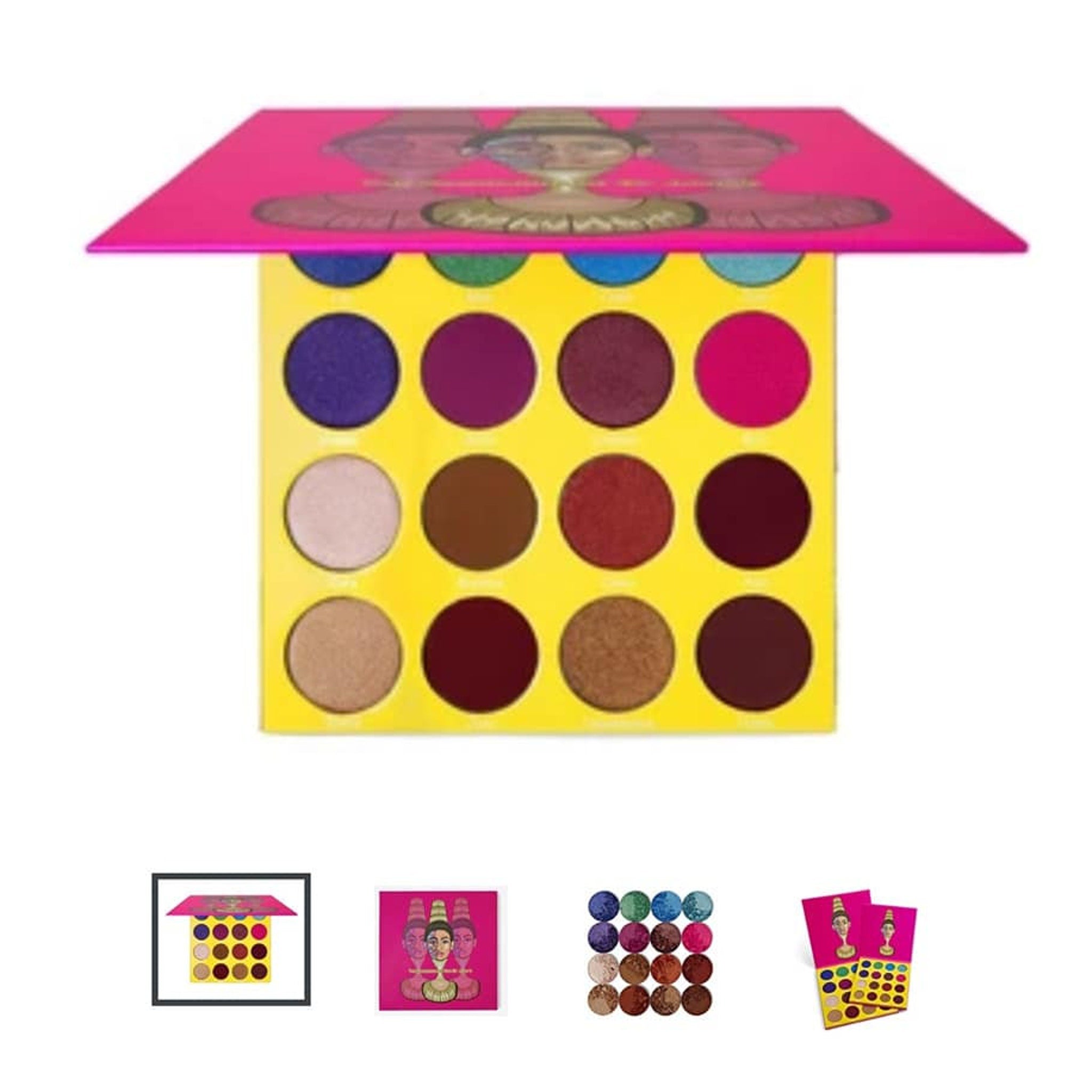 Open eye shadow palette displaying six matte and shimmer shades in warm neutrals and deep plum tones