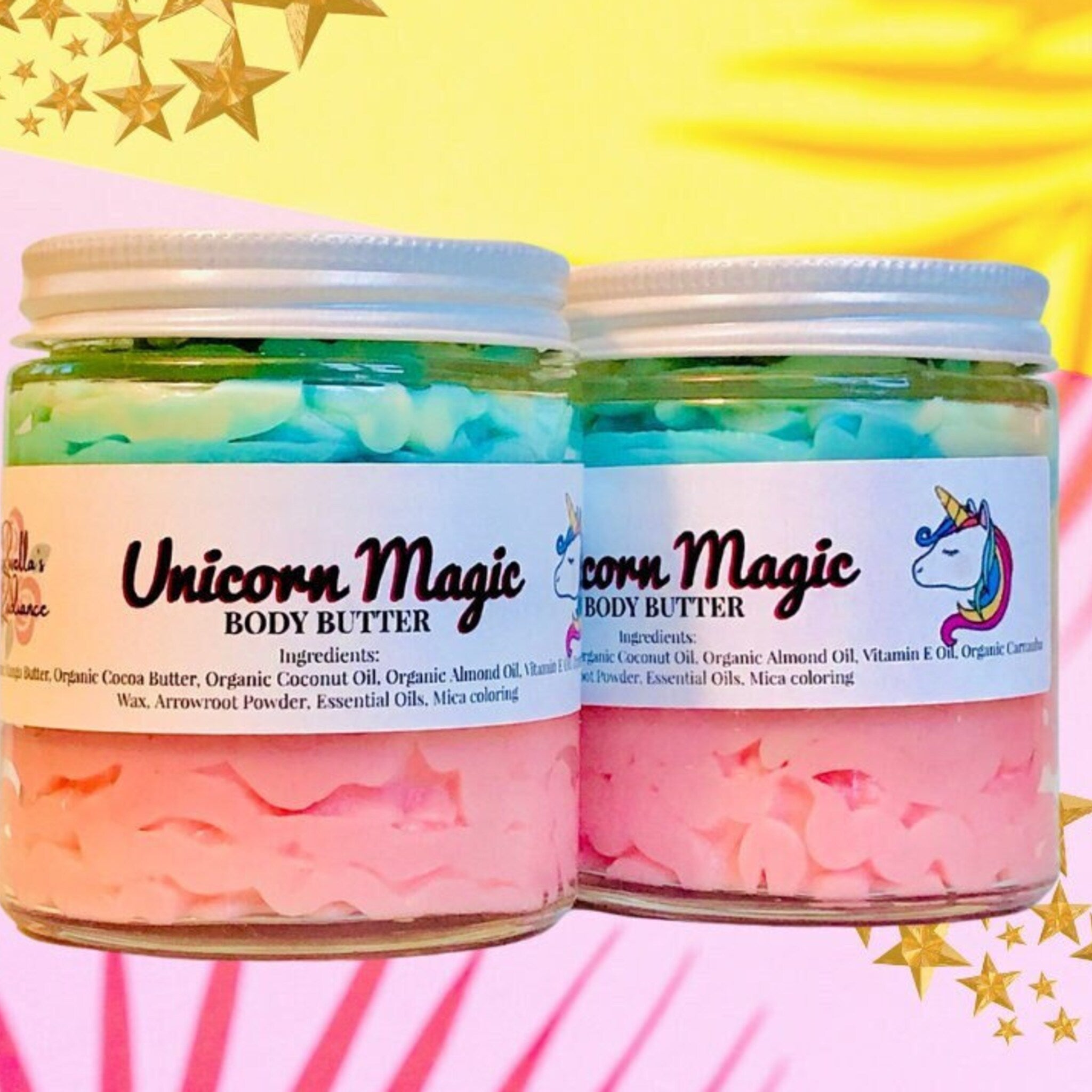 Minimalist white tube of vegan face and body lotion with unicorn motif for sensitive skin