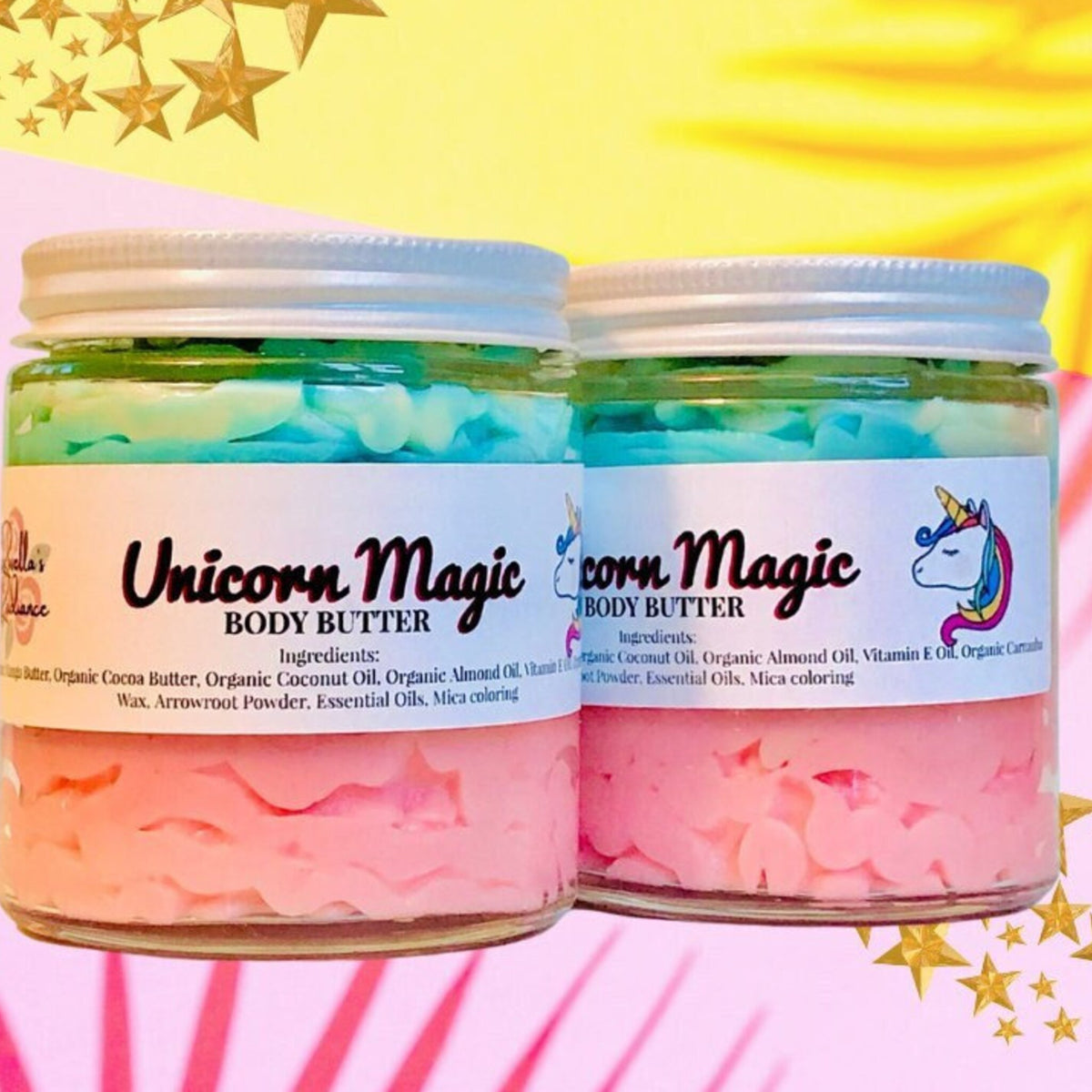 Minimalist white tube of vegan face and body lotion with unicorn motif for sensitive skin