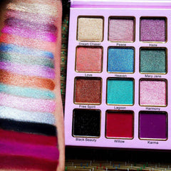 Side view of Bohemian Eyeshadow Palette showing twelve vibrant matte and shimmer shades in rectangular pans