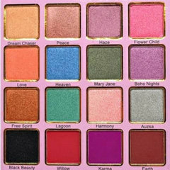 Close-up of Bohemian Eyeshadow Palette showing 12 vibrant matte and shimmer shades in warm earthy tones