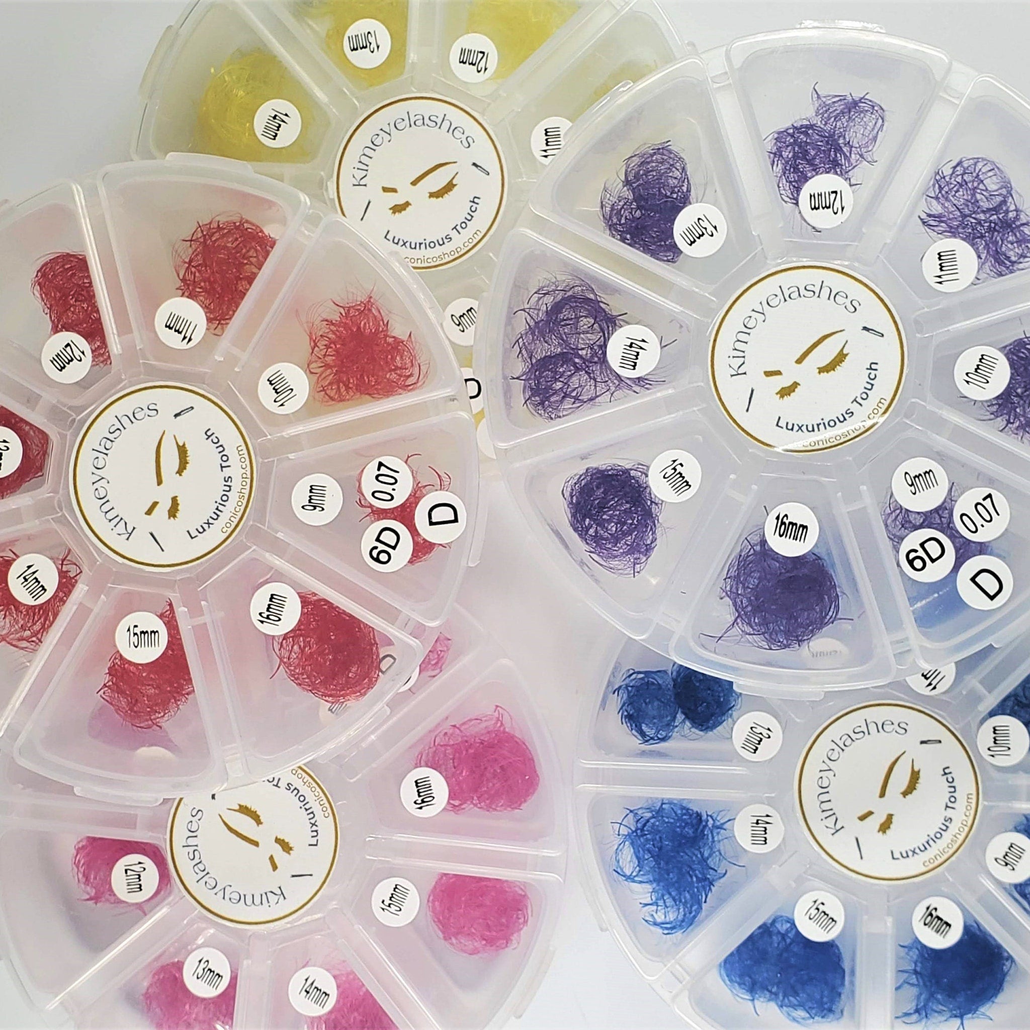 Colored eyelash extensions in various colors, lengths, and Kimeyelashes brand packaging