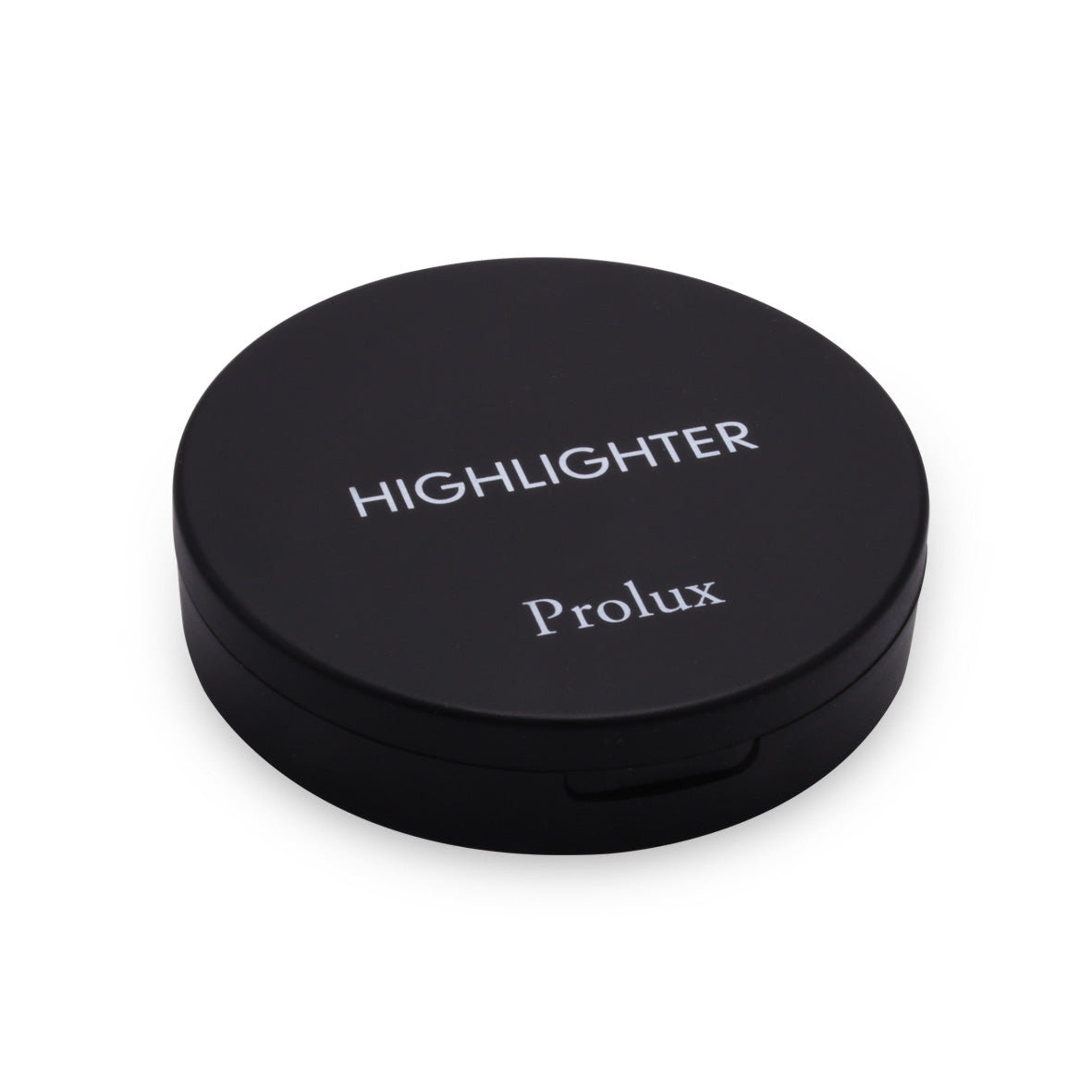 Close-up of shimmering highlighter powder in a compact, showcasing its finely-milled texture and radiant finish