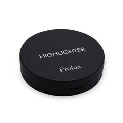 Close-up of shimmering highlighter powder in a compact, showcasing its finely-milled texture and radiant finish