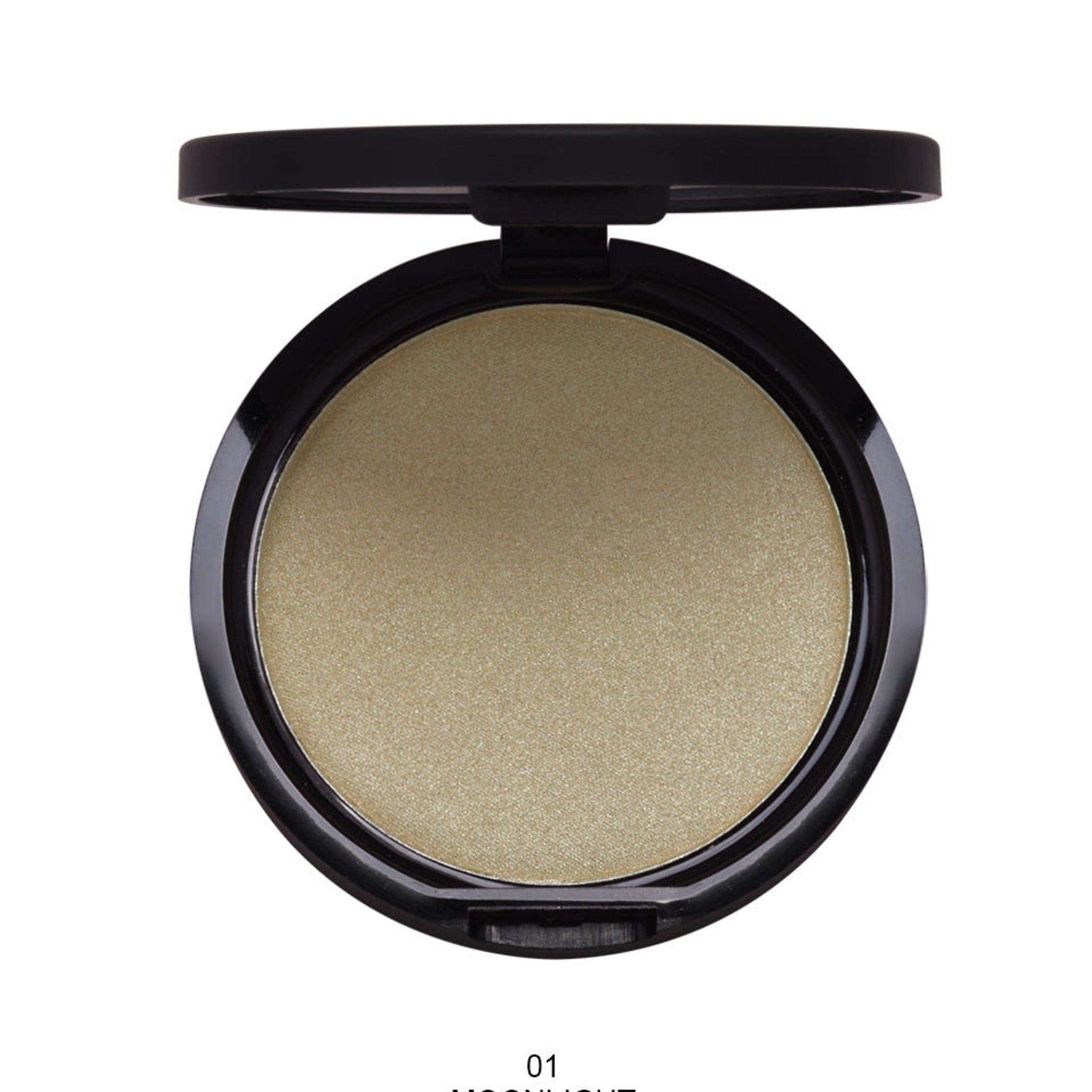 Side view of shimmering highlighter powder in compact palette showcasing gradient color shift