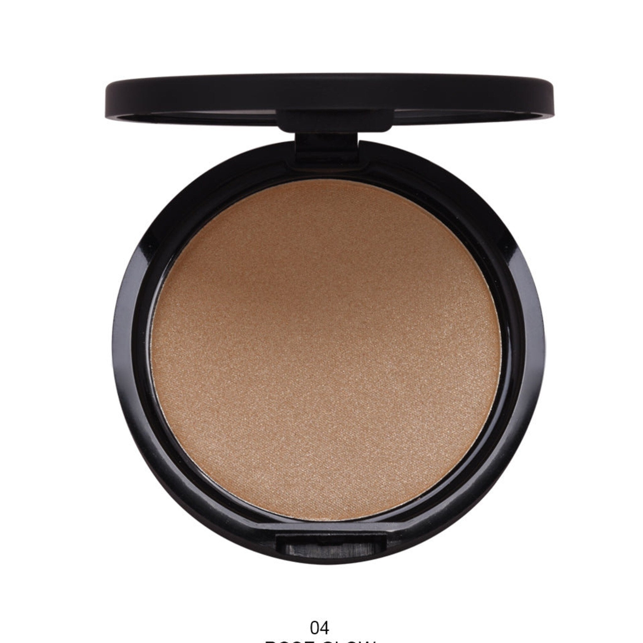 Close-up of shimmery highlighter powder in compact pan showing finely milled texture and reflective particles