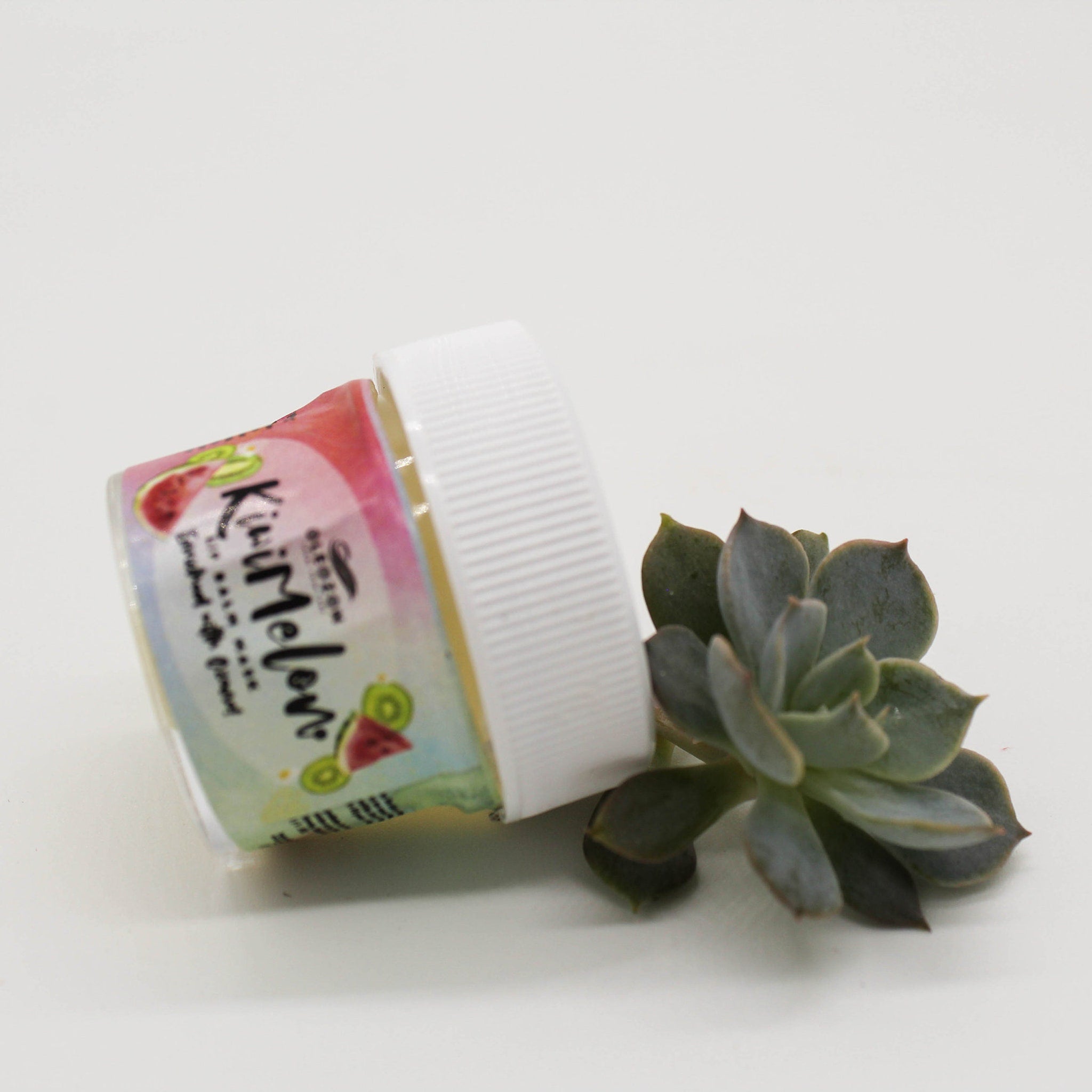 Kiwi Melon jar with white lid, colorful label, and green succulent plant on white background