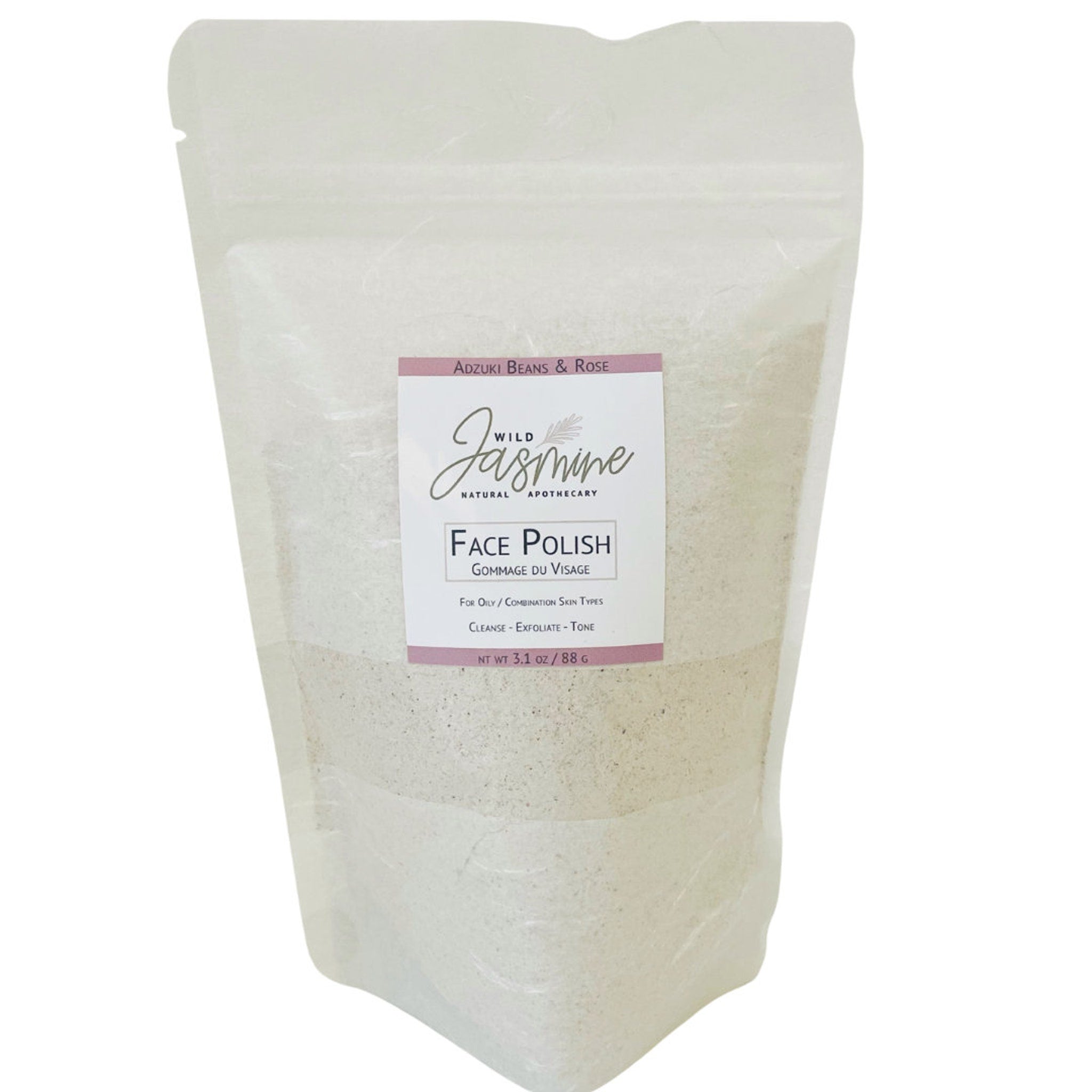 Face polish in clear plastic bag with Wild Jasmine label, white powder contents