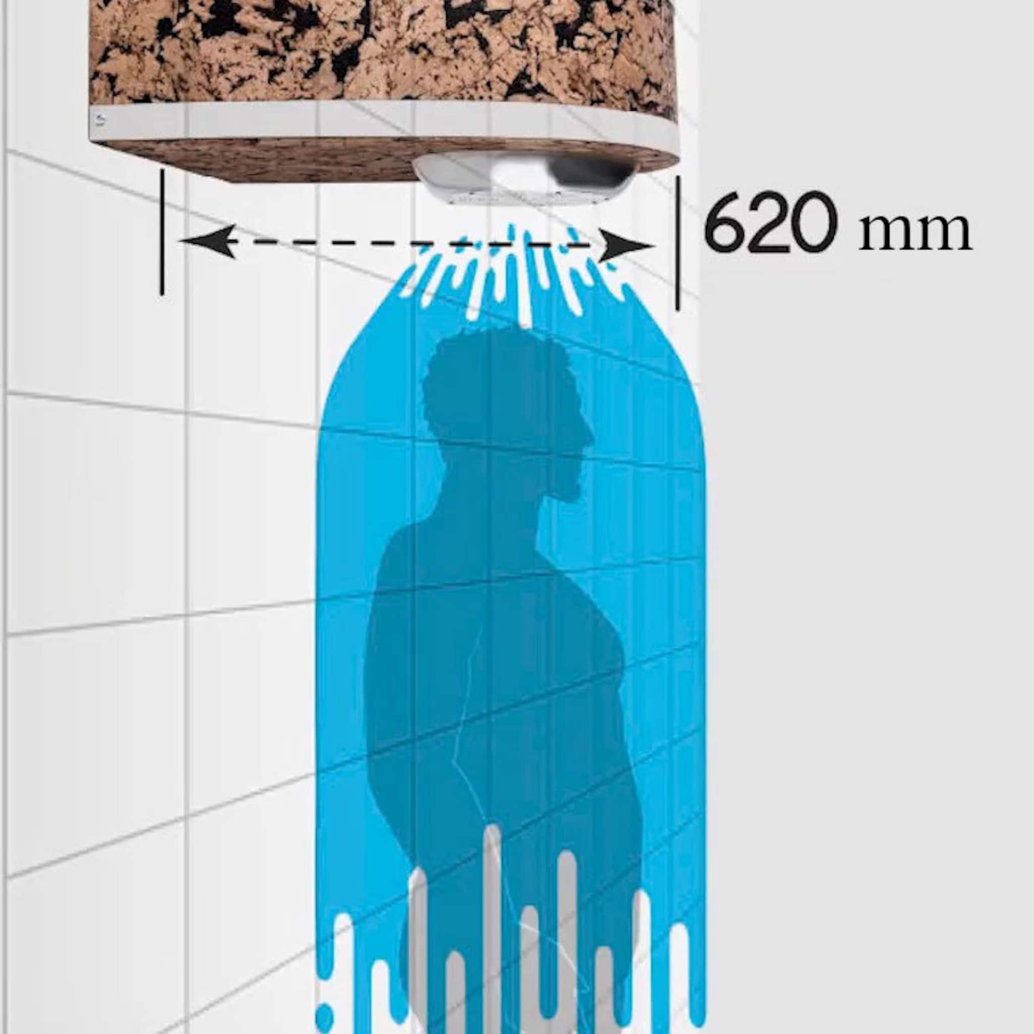 Shower head with cork and white material, blue water flow, and 620 mm measurement shown