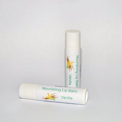 Lip balm tubes, white with green text and vanilla label, MorganEK brand shown