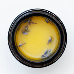 Yellow balm in black glass jar with lavender buds on white background