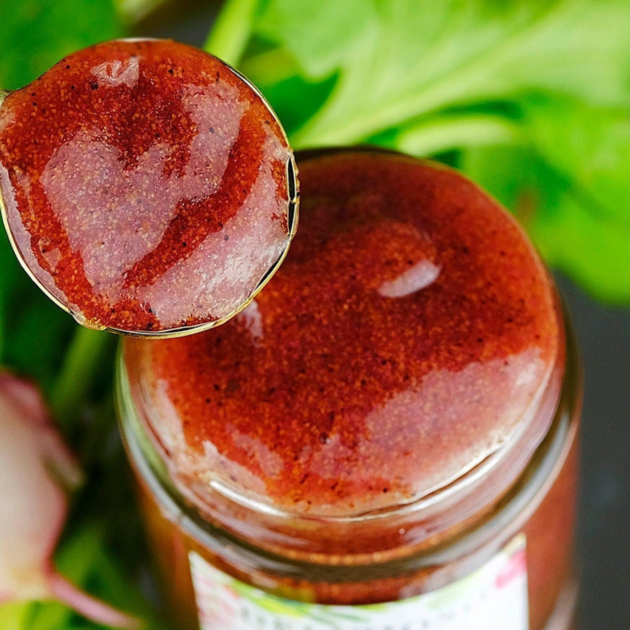 Reddish-brown jam with grainy texture in a glass jar and spoon, with green leaves in background