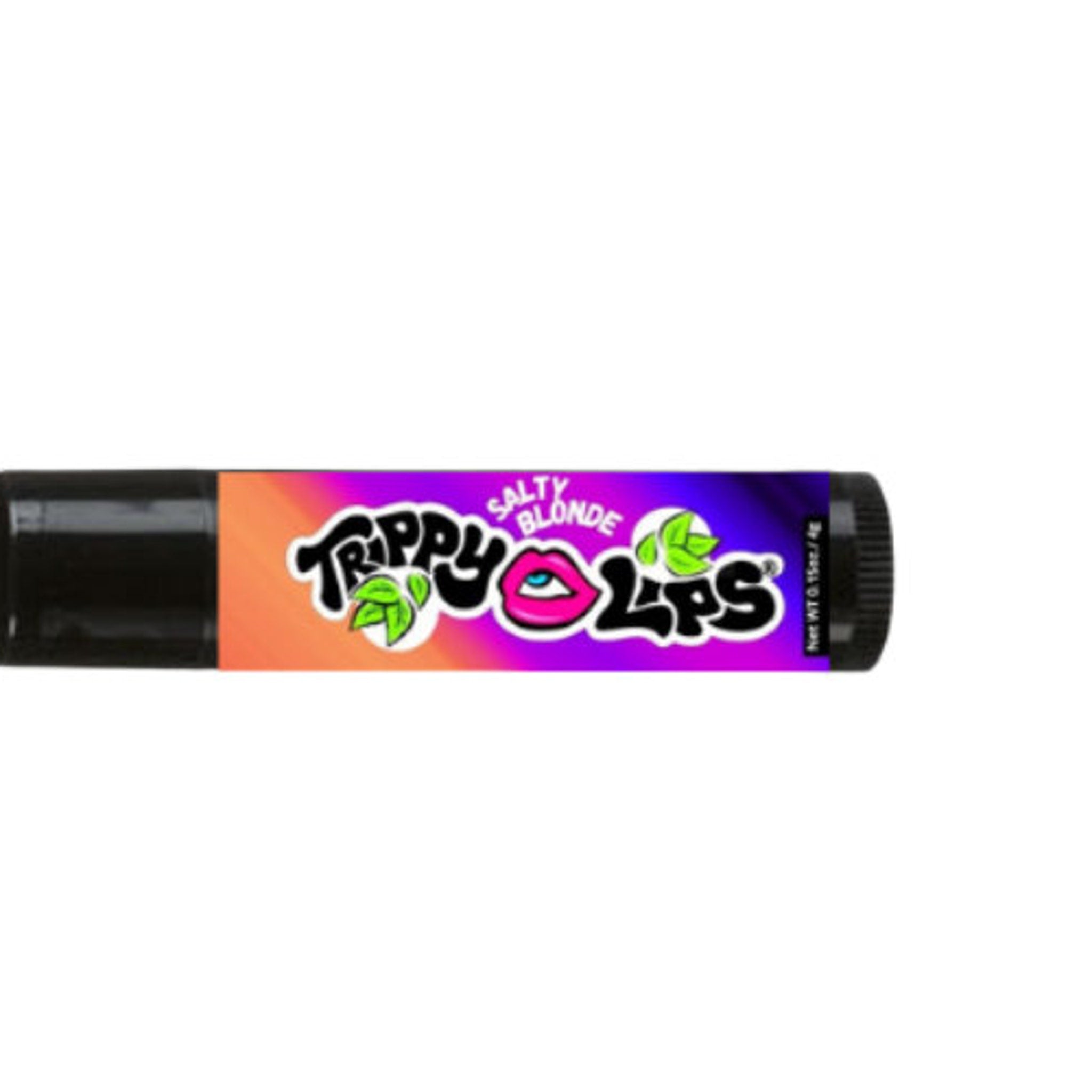 Trippy Lips lip balm tube, black tube, orange and purple label, brand logo visible