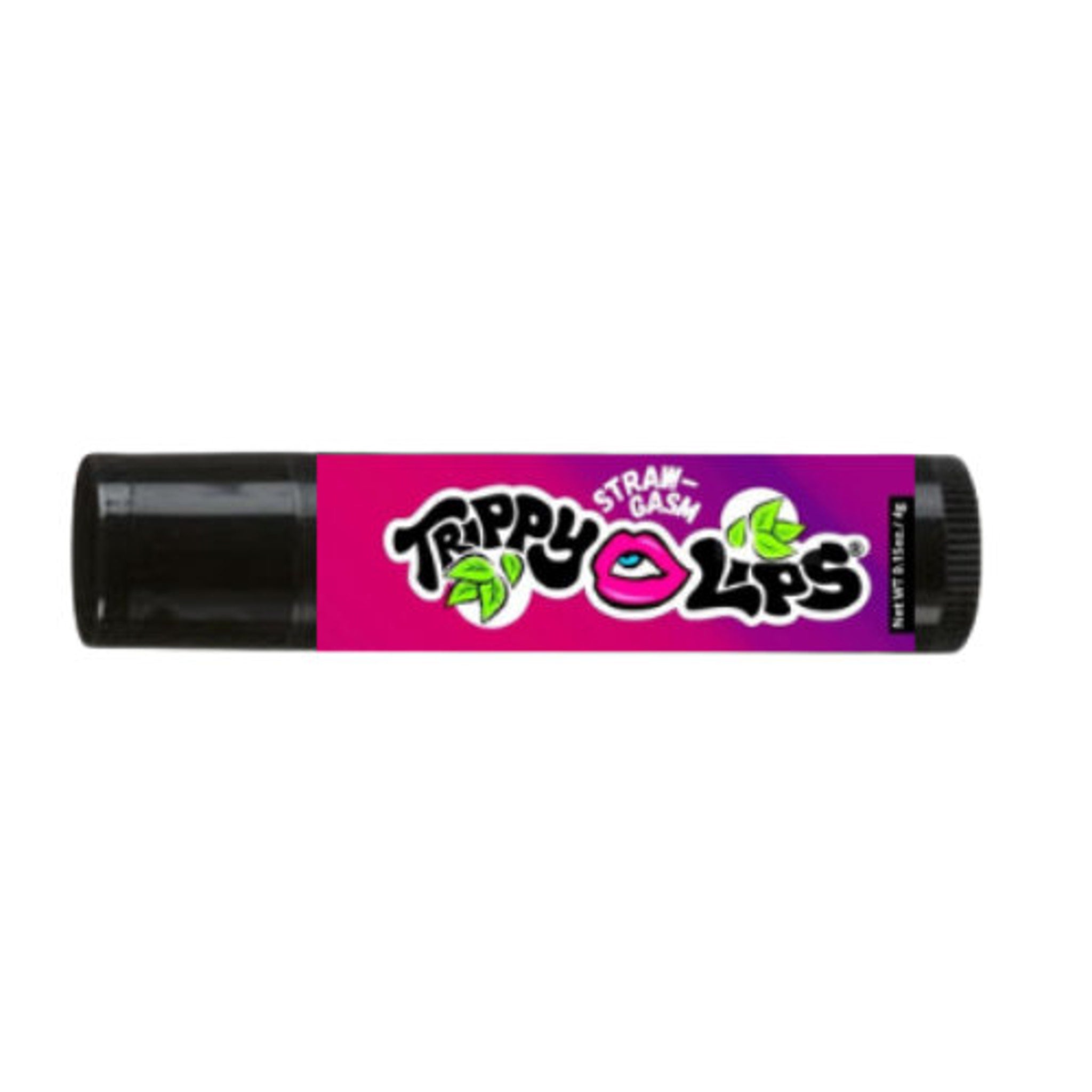 Lip balm with black tube, pink and purple label, and "Trippy Lips" text.