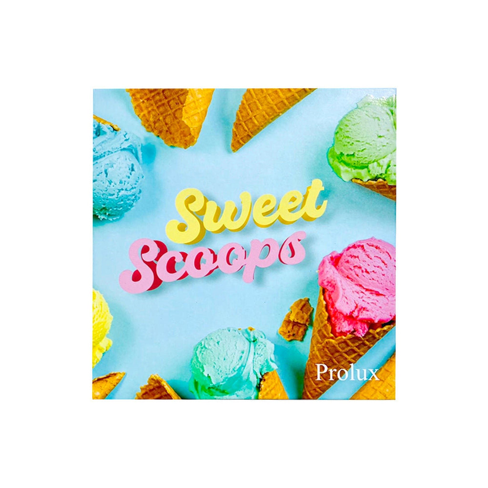 Eye makeup palette with ice cream scoops, colorful, textured, and Prolux brand text