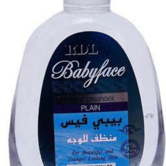 Toner astringent bottle, white plastic, dark blue label with RDL Babyface text, for skincare