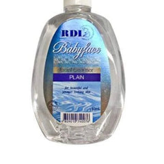 Facial cleanser bottle with clear plastic, blue label, and "RDL Babyface" text visible.