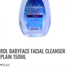 Facial cleanser bottle, clear plastic, blue label with RDL Babyface branding and text