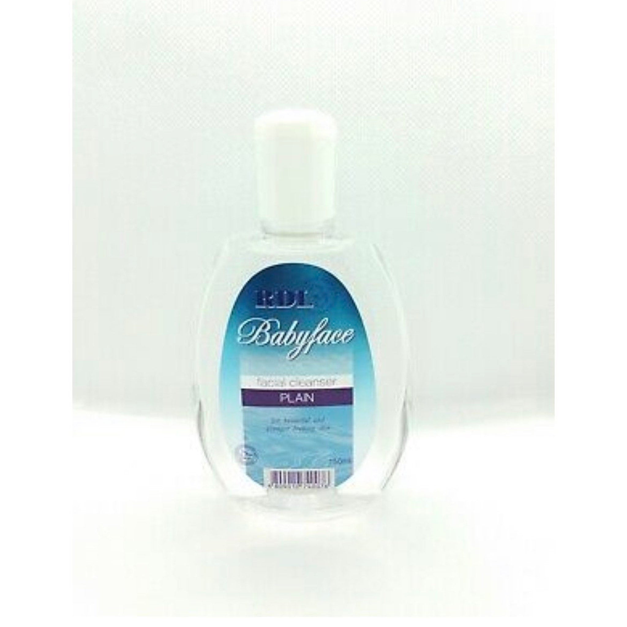 Facial cleanser bottle, clear plastic bottle with white cap, RDL Babyface label visible