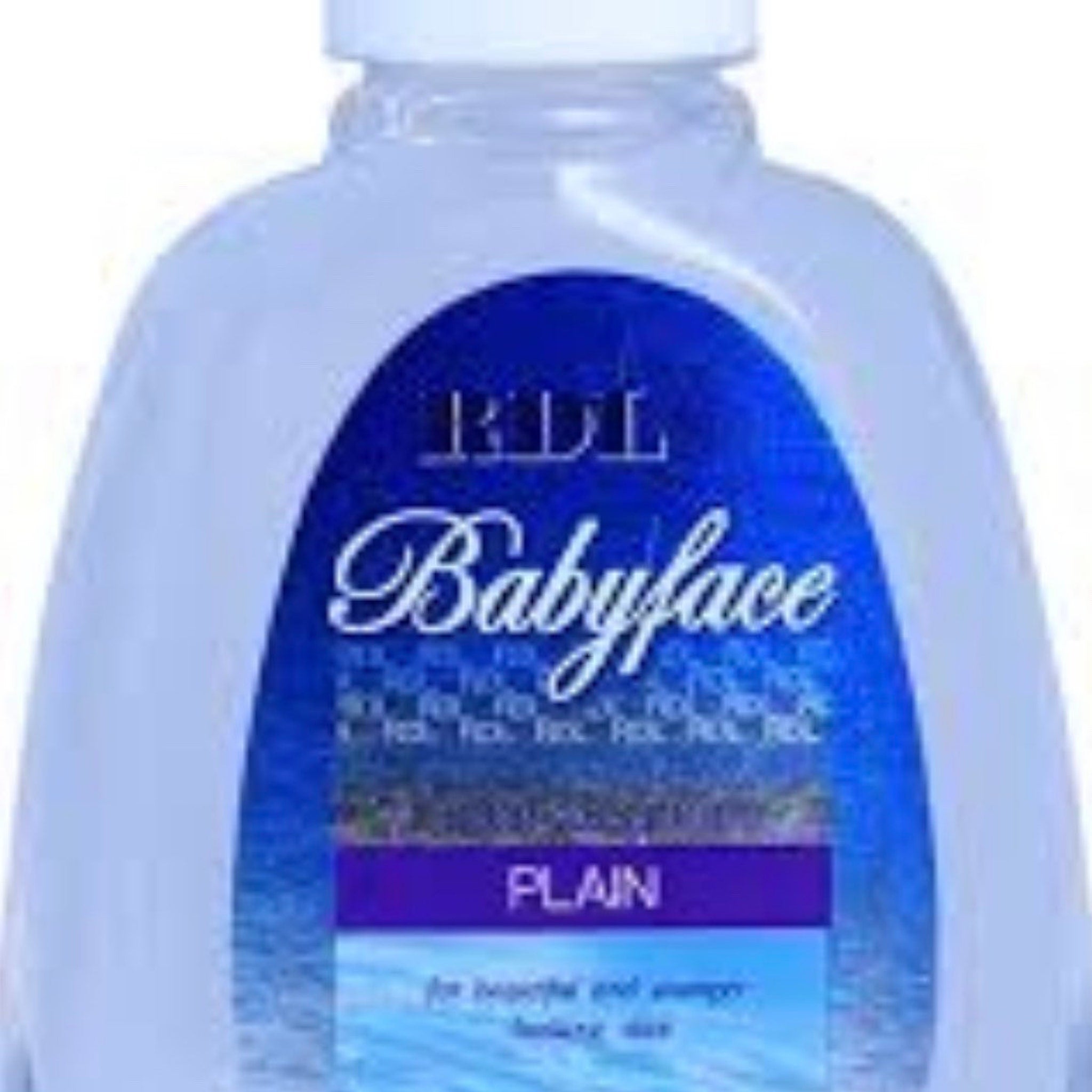 Babyface bottle, clear plastic, blue label with white text, for beauty care