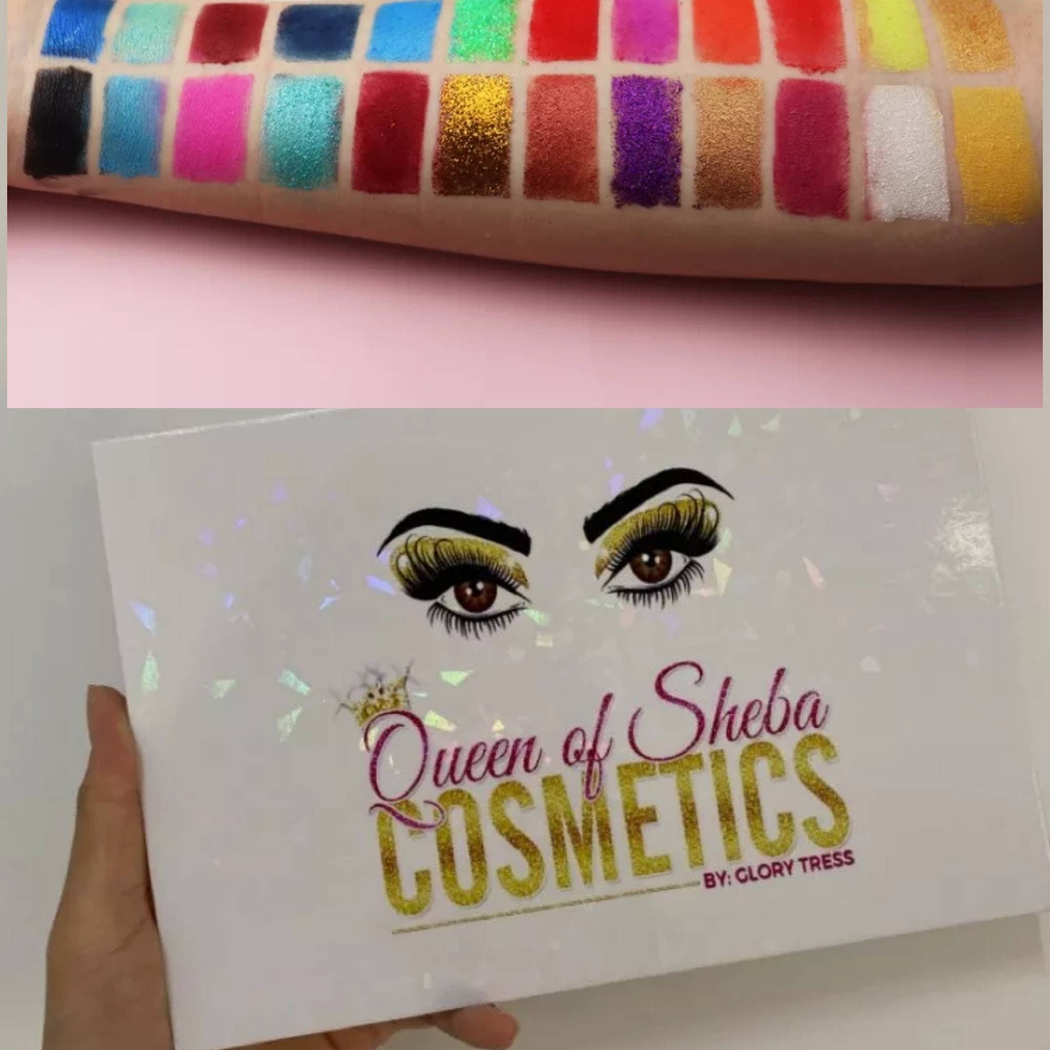 Eyeshadow palette with Queen of Sheba Cosmetics branding, white case, and colorful eyeshadow swatches