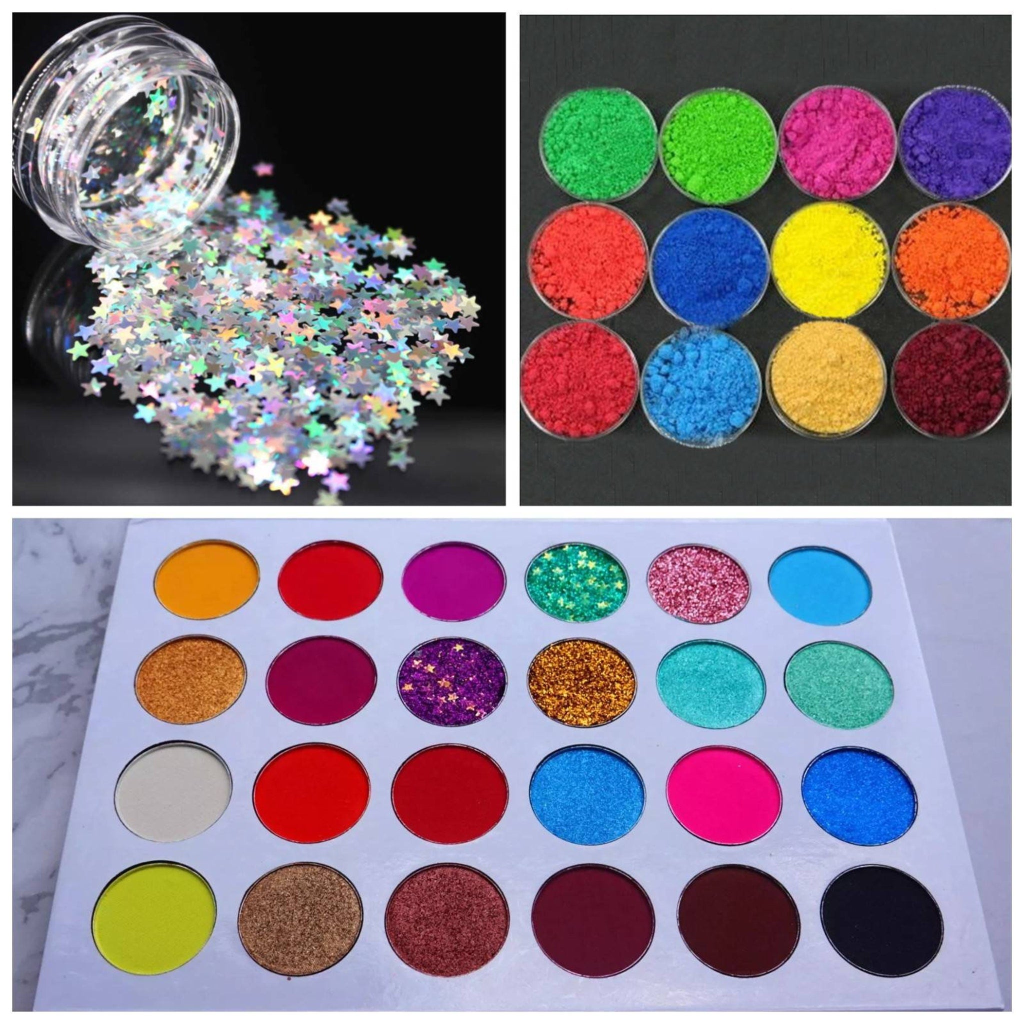 Glitter stars spilling from a jar, iridescent, star-shaped, and scattered on black background