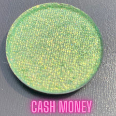 Side view of multichrome eyeshadow palette showing shifting iridescent hues in compact case