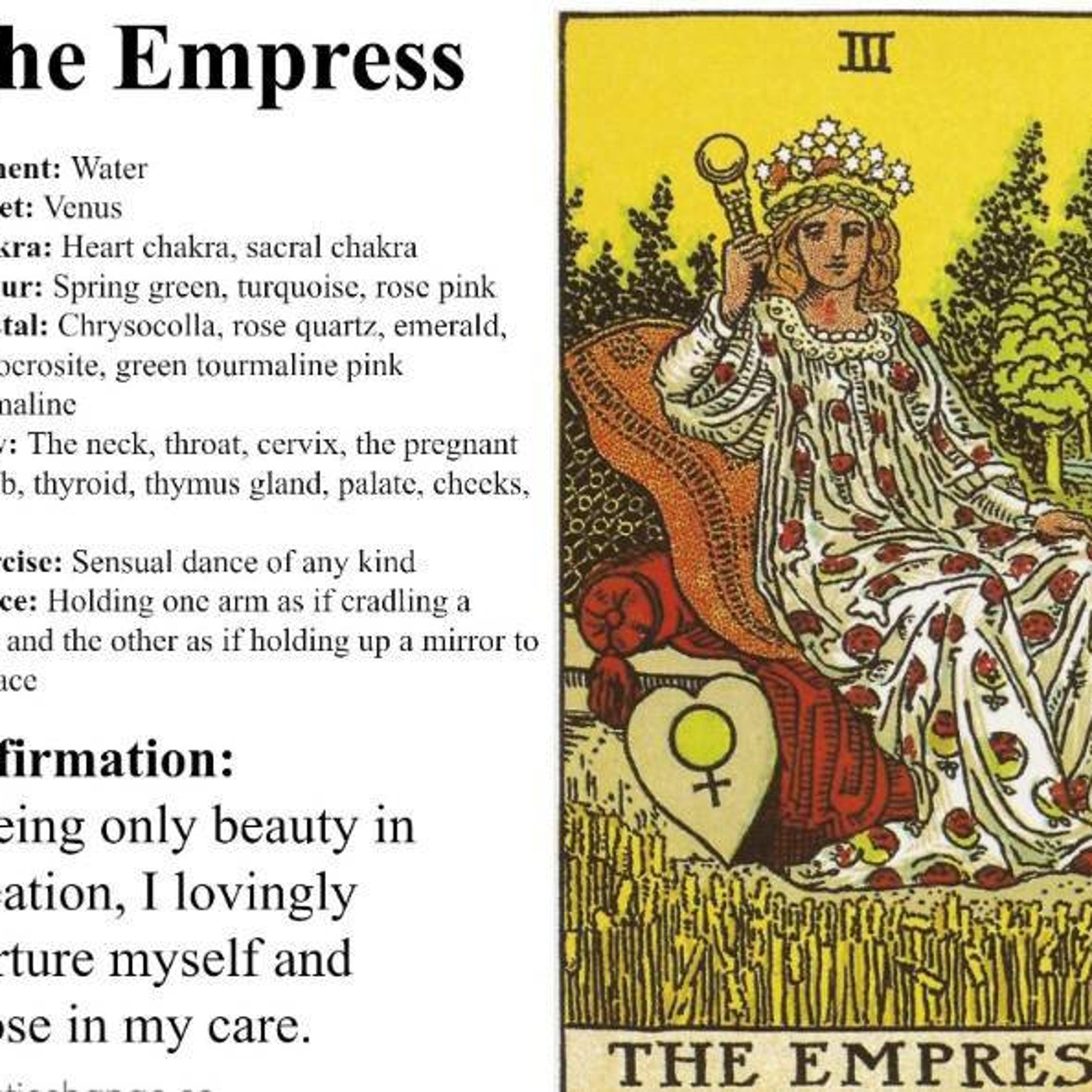 Tarot card image of The Empress, yellow background, woman in white gown with red floral pattern, holding a scepter.