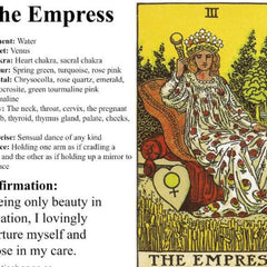Tarot card image of The Empress, yellow background, woman in white gown with red floral pattern, holding a scepter.