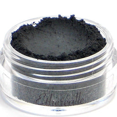 Side view of matte black vegan eyeshadow pan with Nero label, showcasing smooth mineral texture
