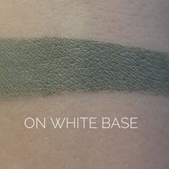 Close-up of a hand applying taupe camouflage eye shadow with a fluffy brush for a soft blended look