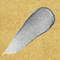 Close-up of shimmering platinum eyeshadows in a sleek palette with mirrored finish and gradient hues