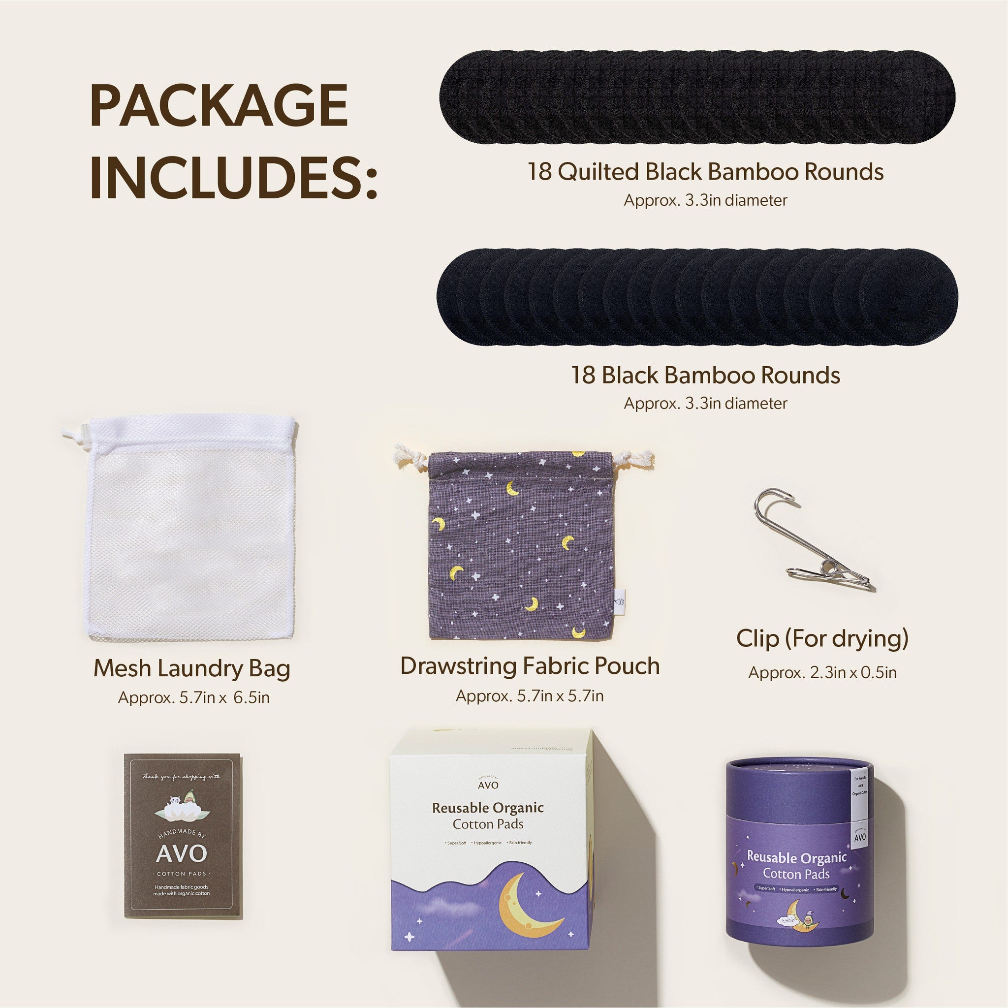 Reusable organic cotton pads set with black, white, and purple packaging, AVO brand visible