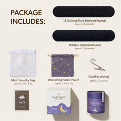 Reusable organic cotton pads set with black, white, and purple packaging, AVO brand visible