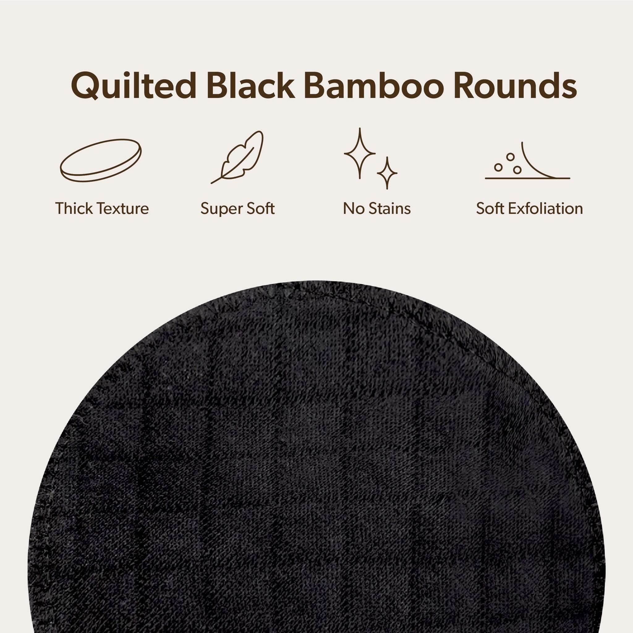 Quilted black bamboo rounds with thick texture, round shape, and dark color