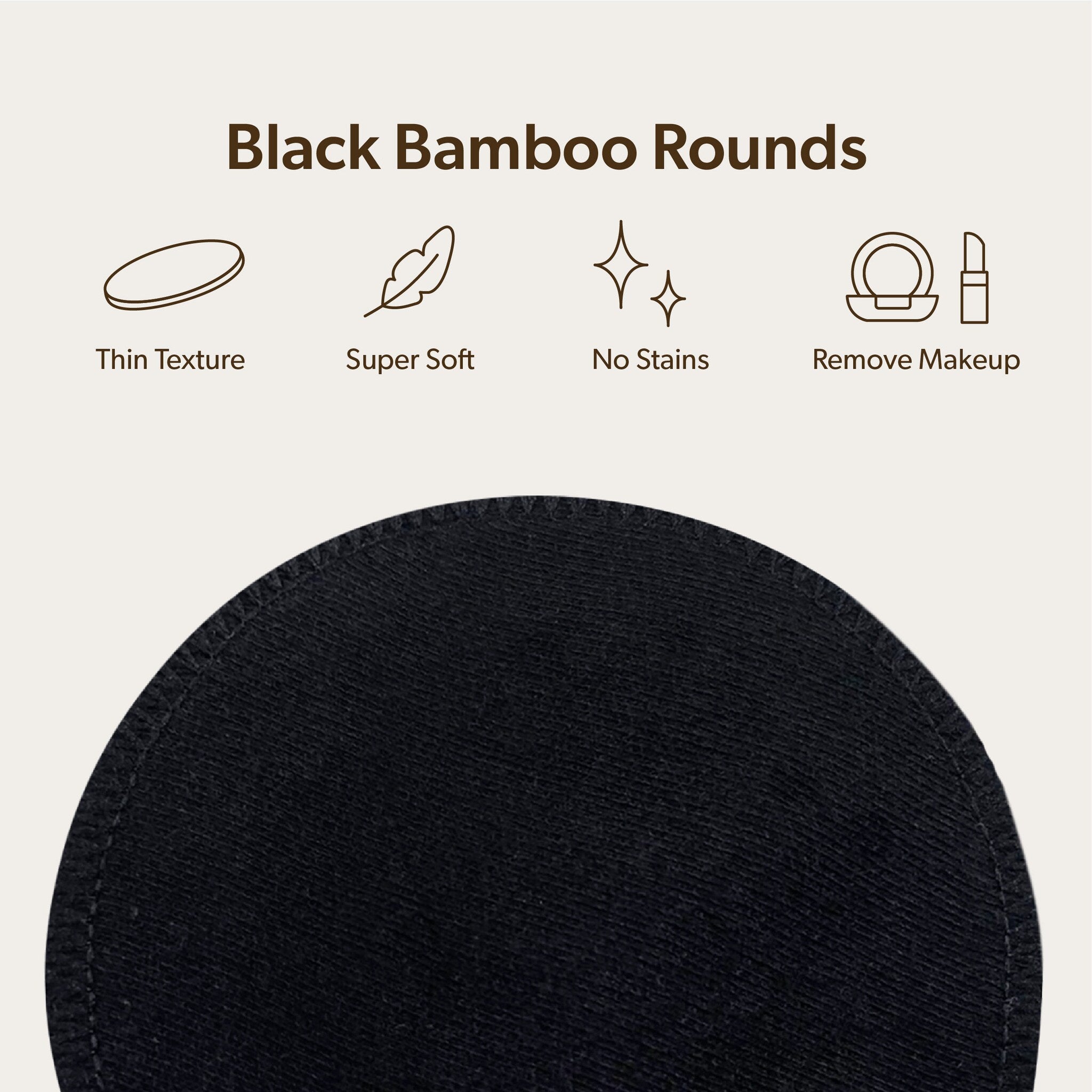 Black bamboo rounds, black fabric, round shape, stitched edge.