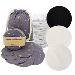 Reusable facial rounds set, black, white, and gray, with moon and star pattern, and pouch