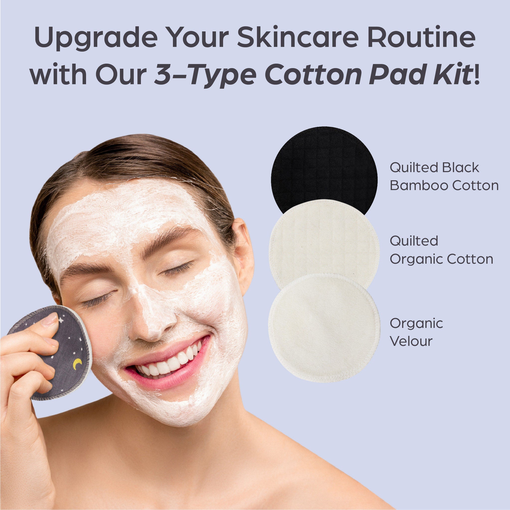 Cotton pads with black quilted, white velour, and patterned fabric, used on face