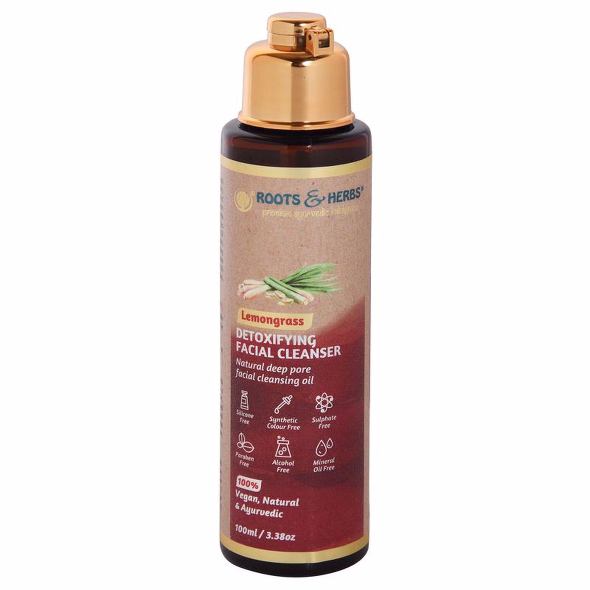 Facial cleanser bottle with gold cap, brown and red label, and brand name Roots & Herbs visible