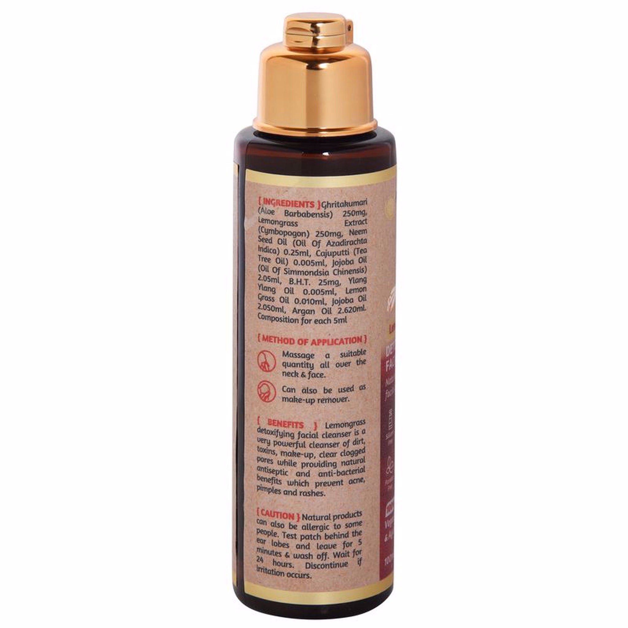 Facial cleanser bottle, brown glass, gold cap, with product information label