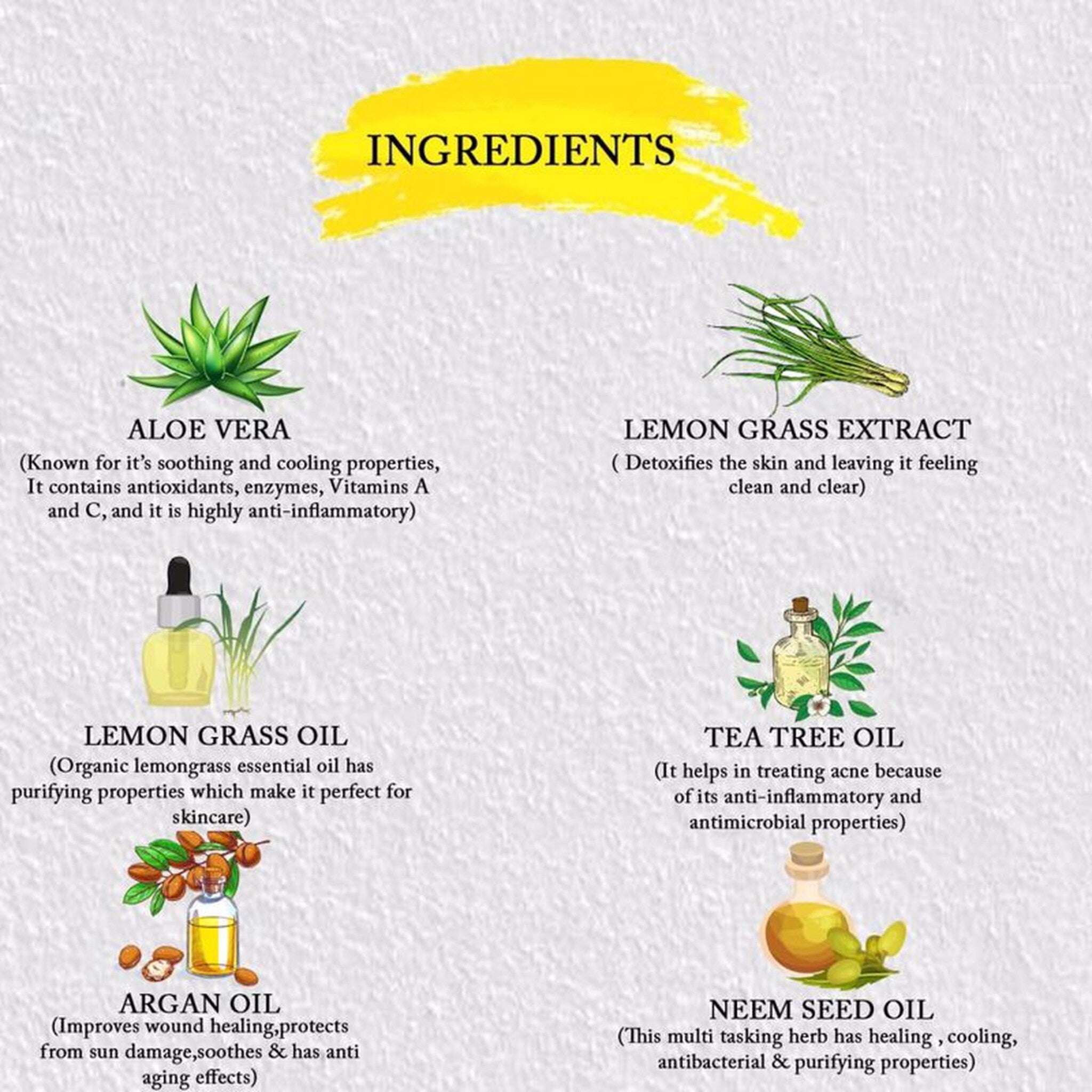 Ingredients graphic with yellow text, green plant illustrations, and yellow oil bottles on white background