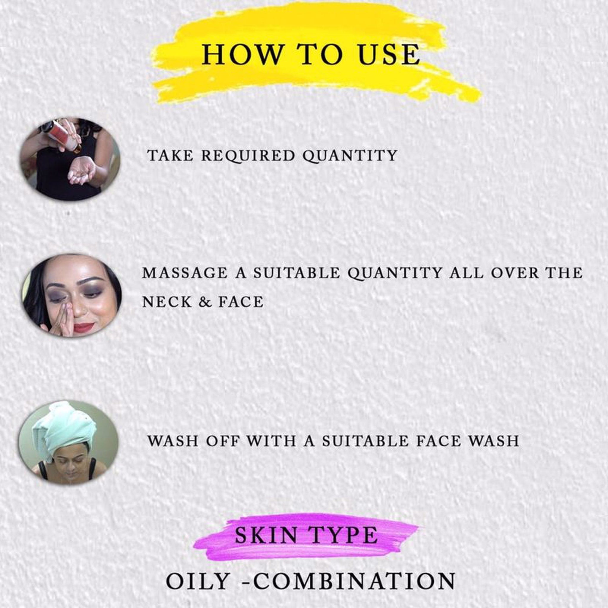Skincare routine steps image with text, yellow and pink brush strokes, and people using product.