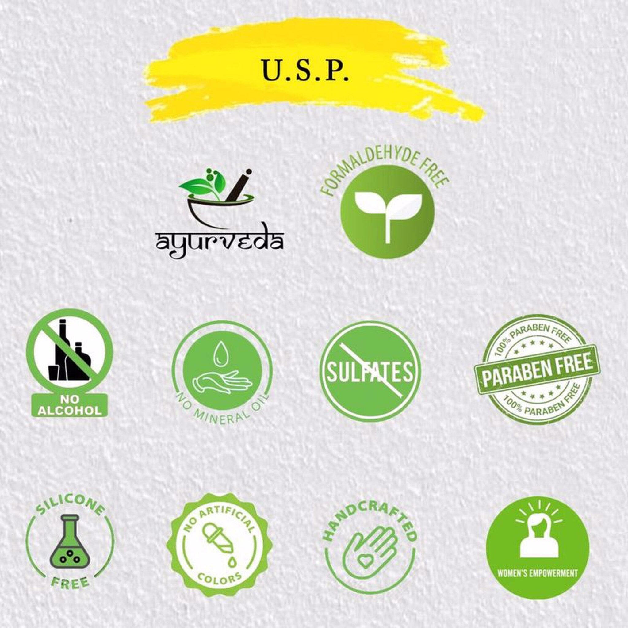 Ayurveda product labels with green circles, white text, and various icons for ingredient information