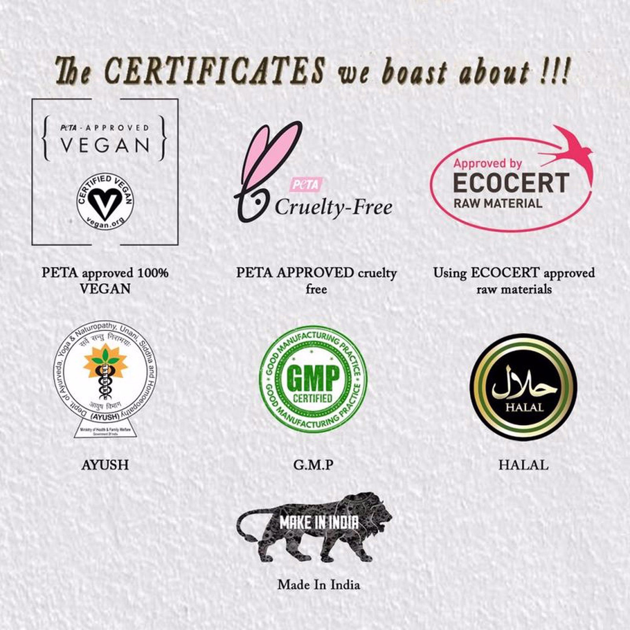 Certifications logos, various colors, text labels, and shapes, including vegan, PETA, and Halal symbols