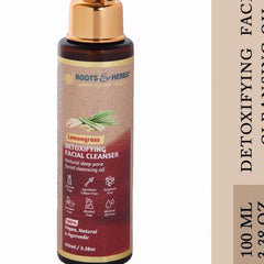 Facial cleanser bottle with gold cap, brown and red label, Roots & Herbs brand
