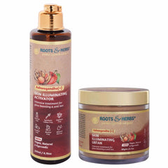 Skin care products, brown and gold bottles and jar, Roots & Herbs brand, for skin treatment