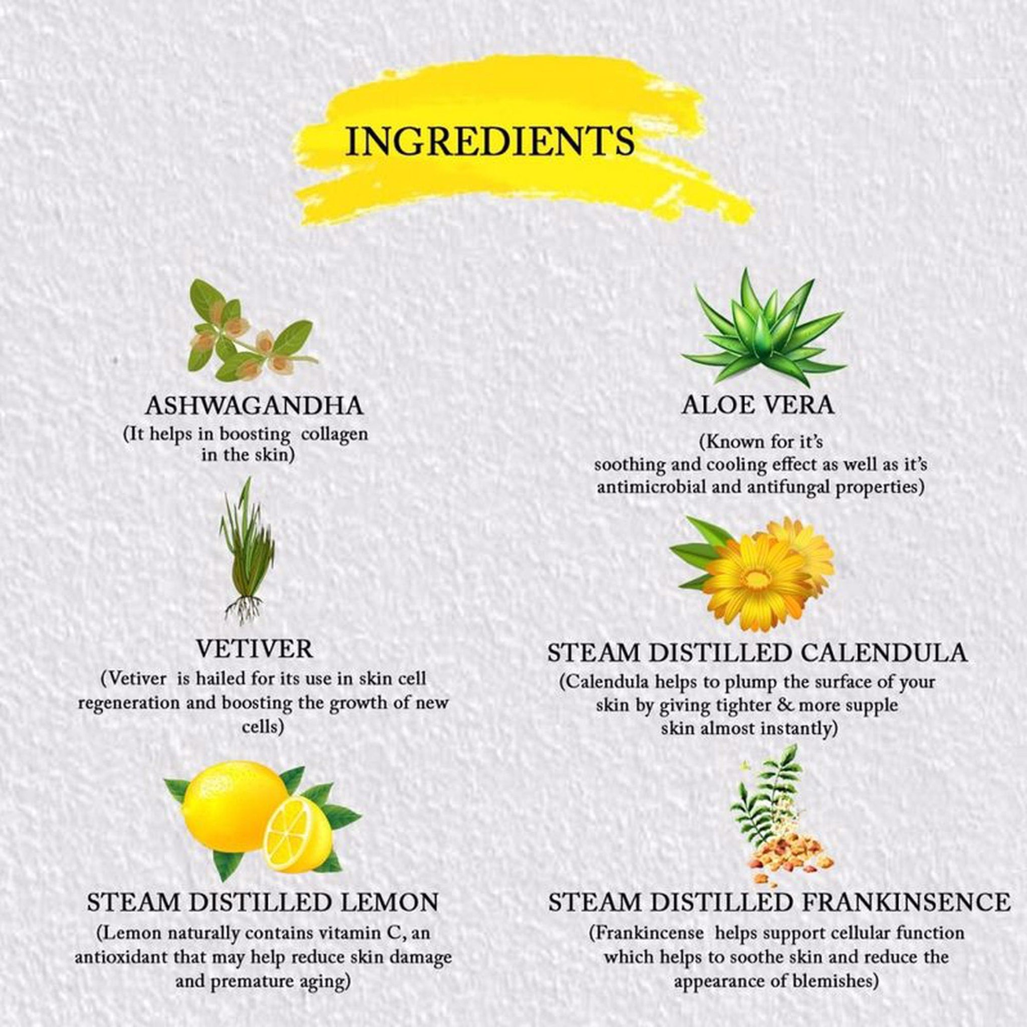 Ingredients graphic with yellow brushstroke, text, and illustrations of plants and fruits