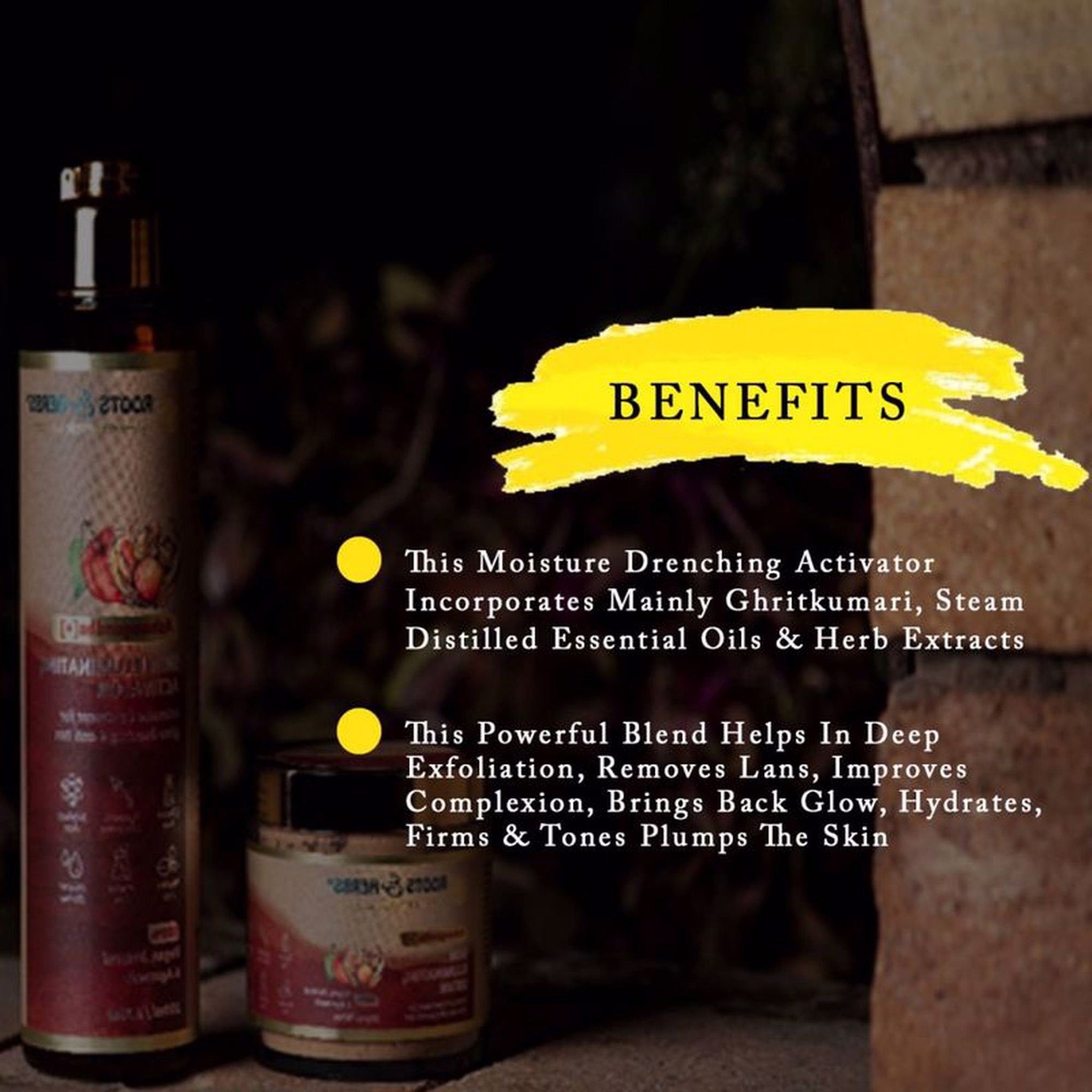 Skincare products with dark red and beige labels, Roots 2008 brand, with benefits text overlayed